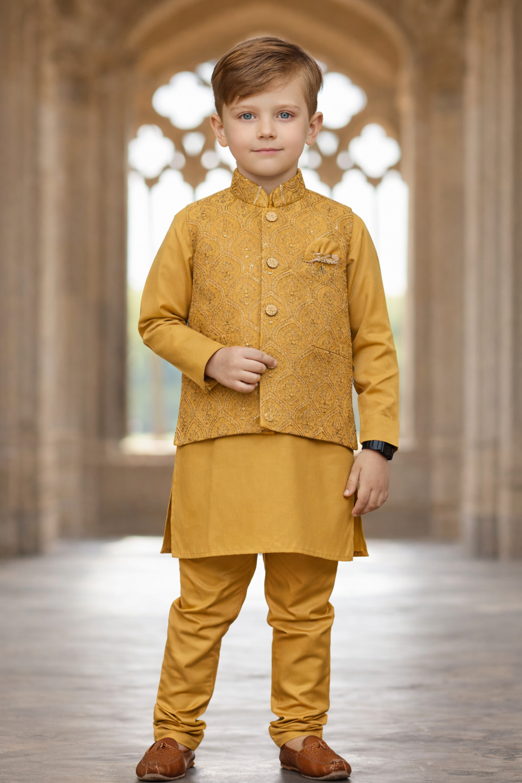 Mustard Gold Boys Ethnic Wear Set – Kurta, Jacket & Dhoti Pant [4 pcs set]