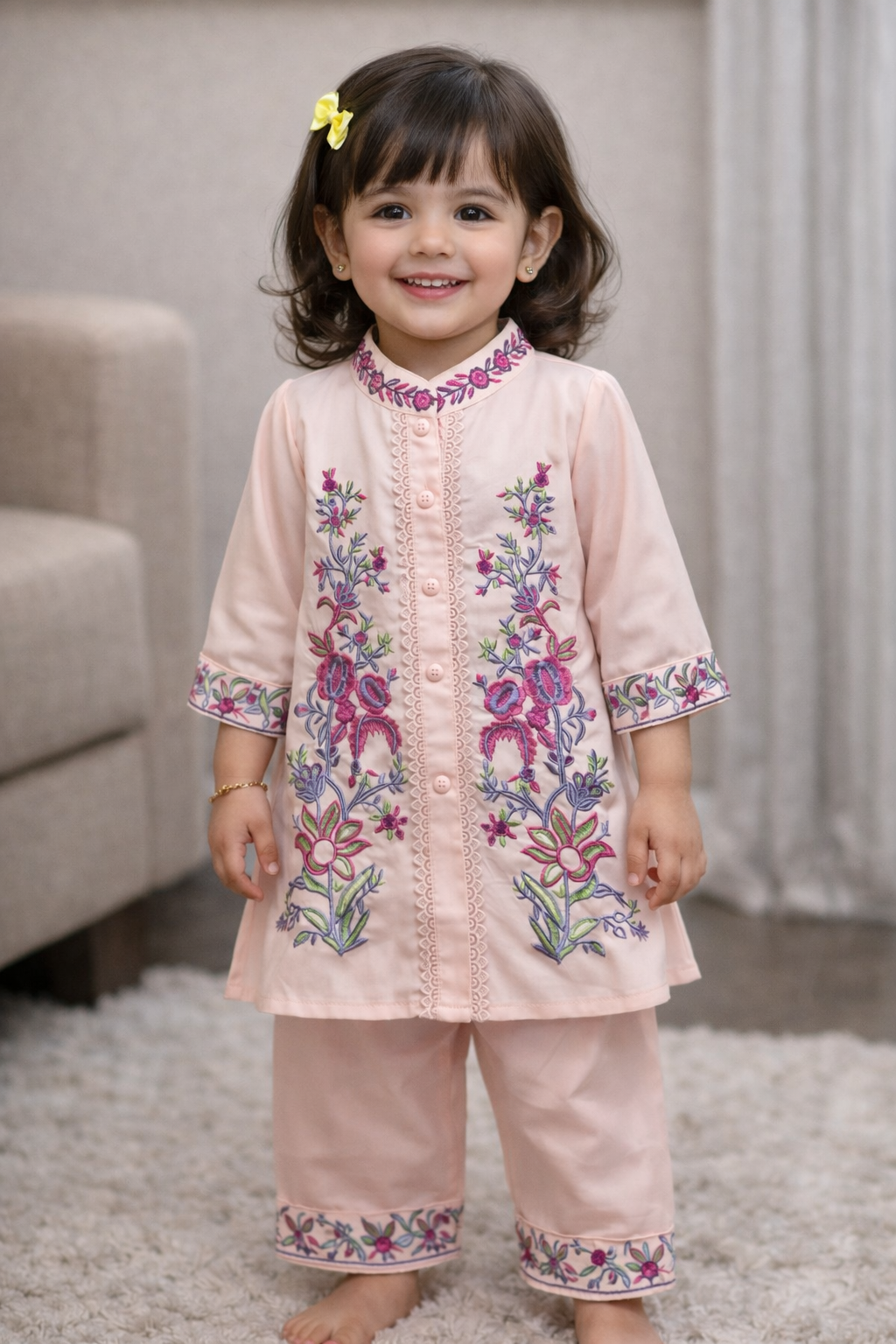 Floral Embroidered Baby Girl Kurti Set | Soft Cotton 2-Piece Ethnic Outfit for Kids