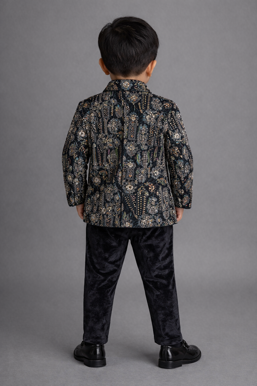 Designer Embroidered Velvet Baby Boy Outfit – Dark Peacock Green