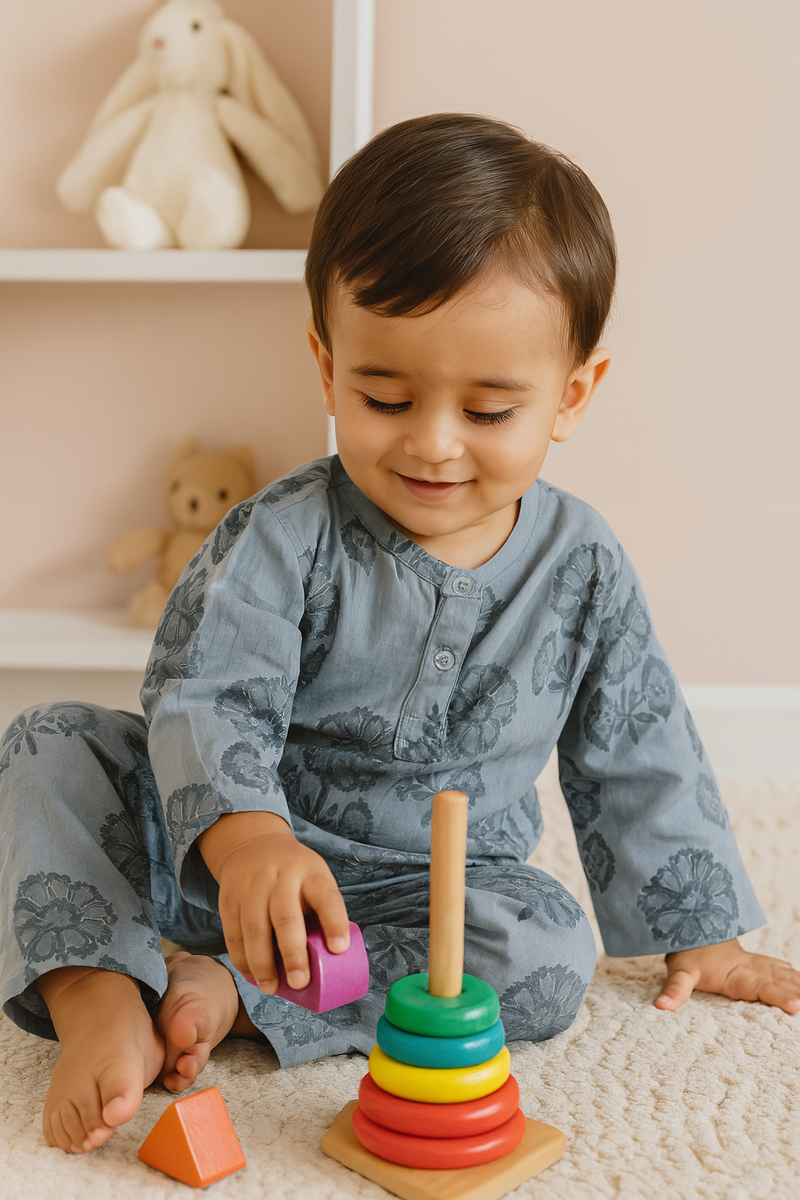 Floral Blue Kurta Pajama Set – Soft Cotton Comfort for Toddlers-zoom-