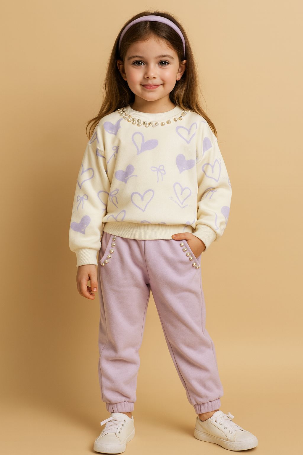 💜 Girls Pearl-Trimmed Heart Sweatshirt Set