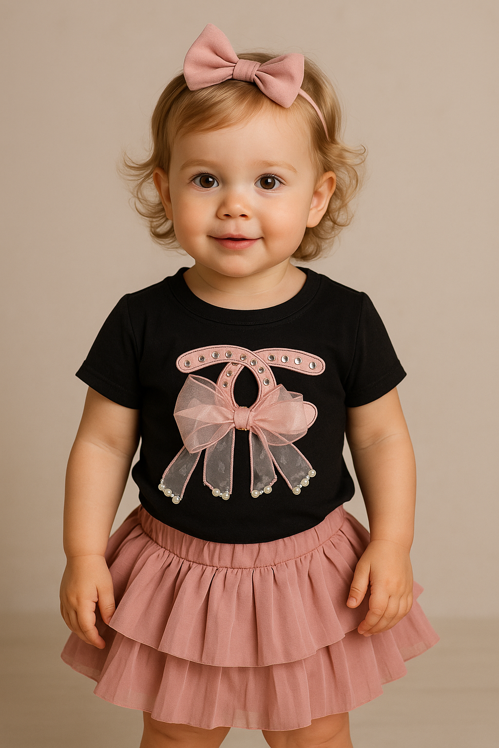 Adorable Baby Girl 2-Piece Outfit – Black Bow Top &amp; Pink Layered Skirt  💖