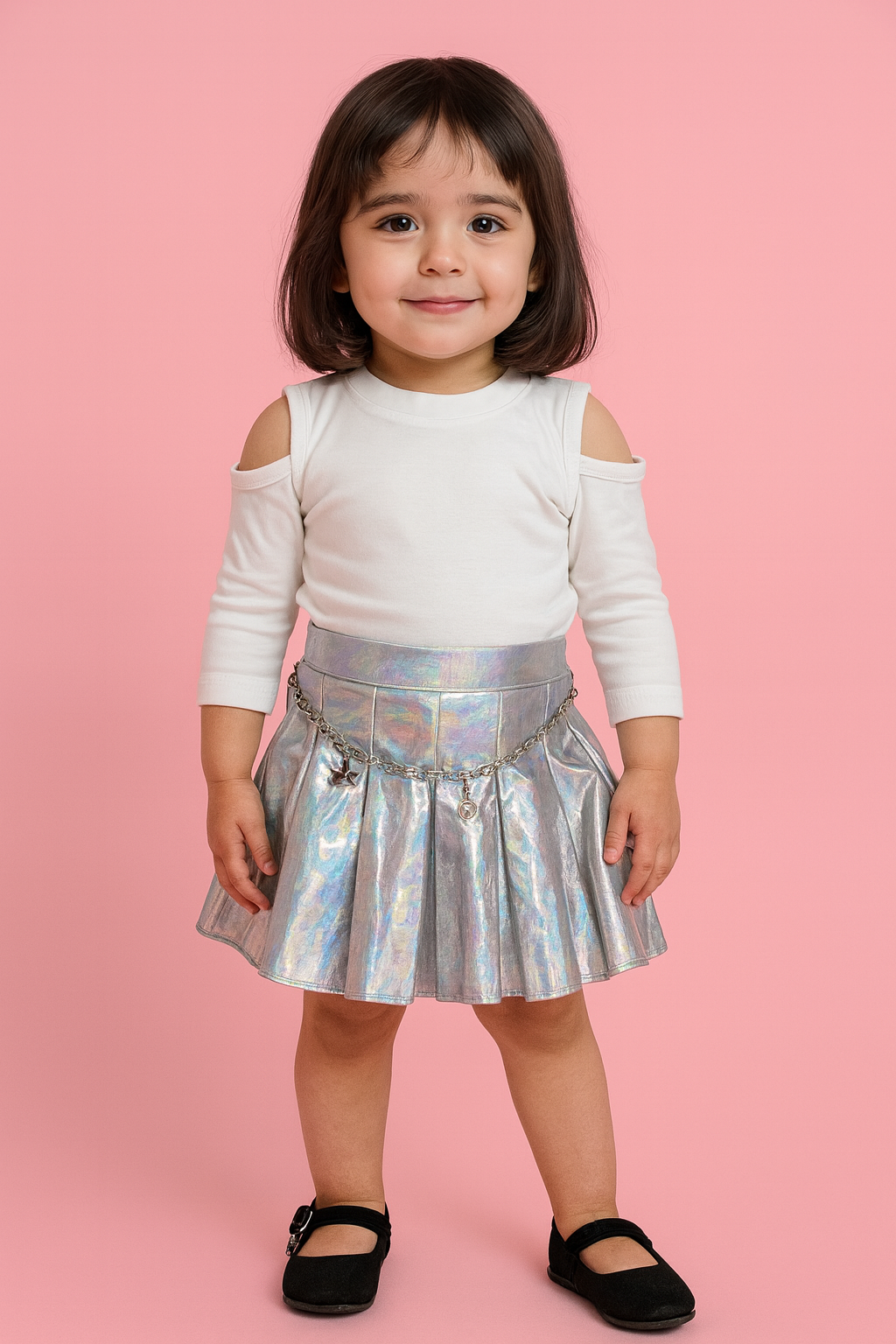 🌈 Stylish Cold Shoulder Top & Holographic Skirt Set