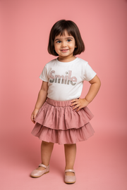 🌸 Girls’ “Smile” T-Shirt & Layered Skirt Set