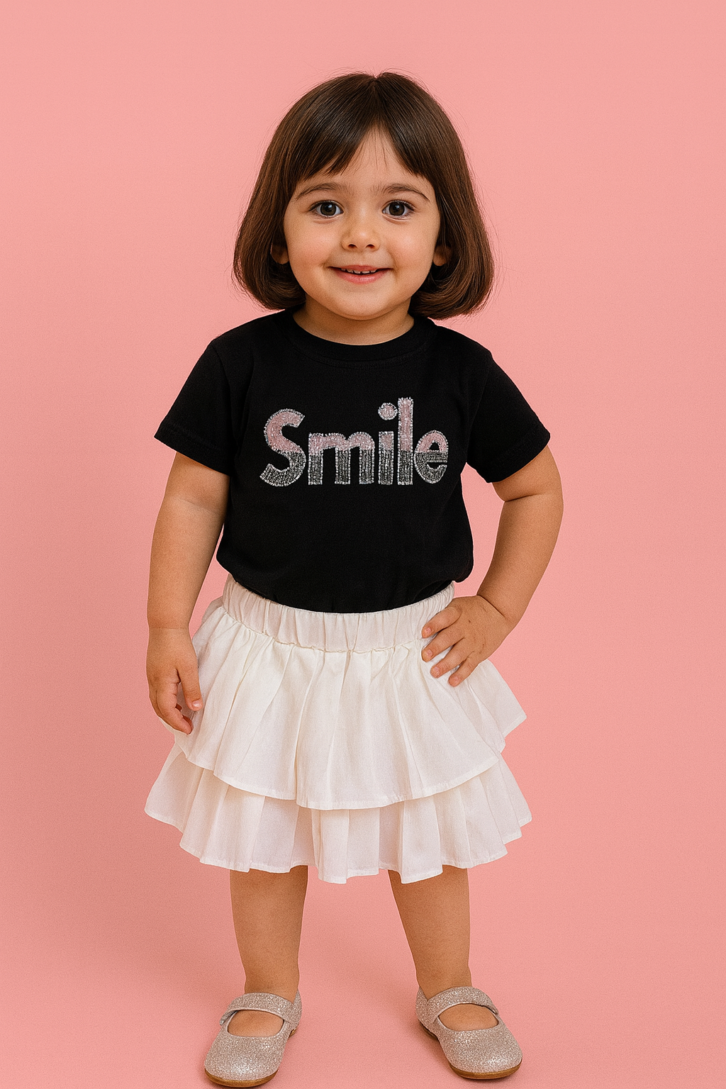 🌸 Girls’ “Smile” T-Shirt & Layered Skirt Set