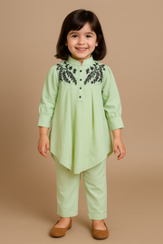 Stylish asymmetrical kurti and pant with hand-embroidered black thread and beadwork on the yoke