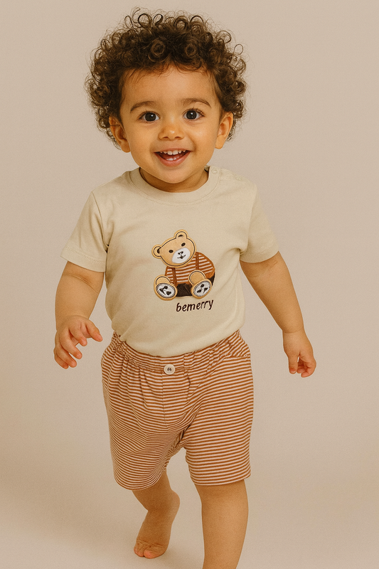 Adorable bear tee and striped shorts set for playful, comfy days.