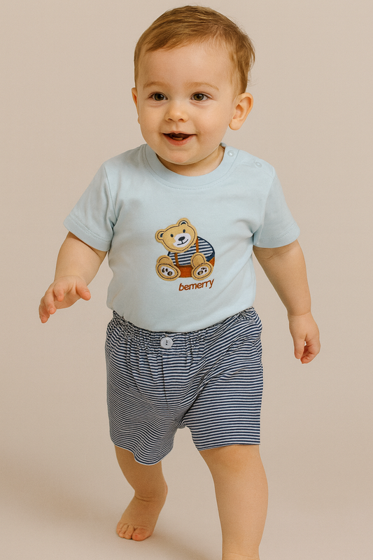 Adorable bear tee and striped shorts set for playful, comfy days.