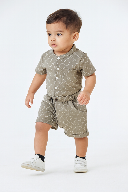 Stylish white printed co-ord set with buttoned shirt and comfy shorts for baby boys.