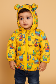 Bright Yellow Cartoon-Print Puffer Jacket with Hoodie