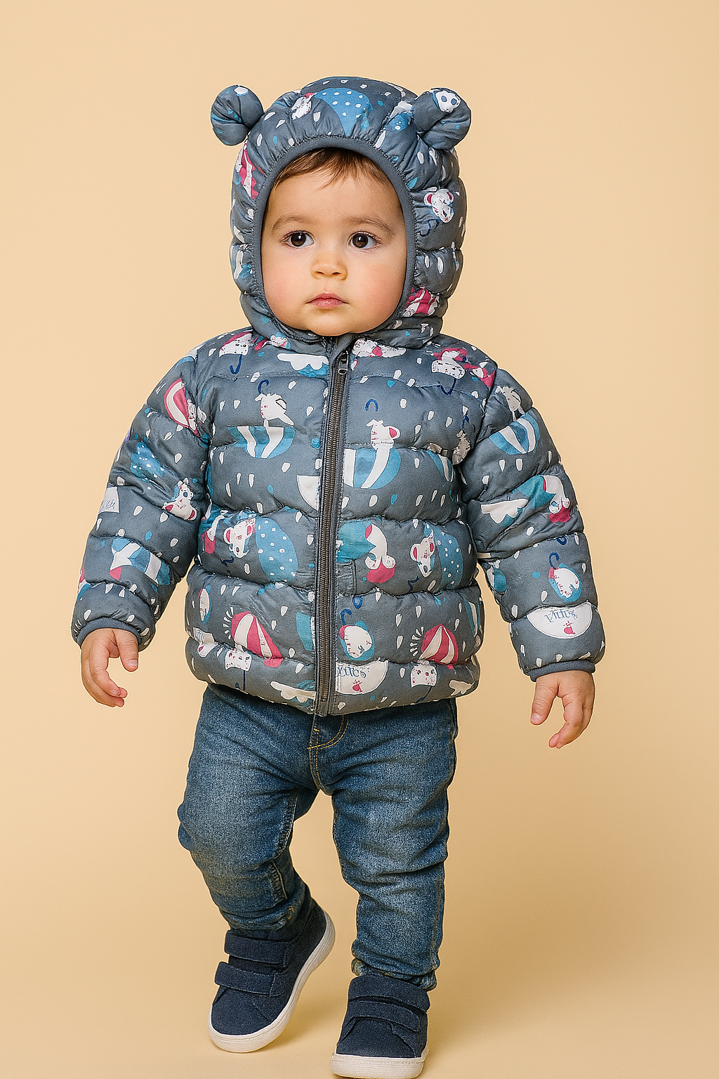 Whimsical Rainy Day Puffer Jacket – Soft Grey