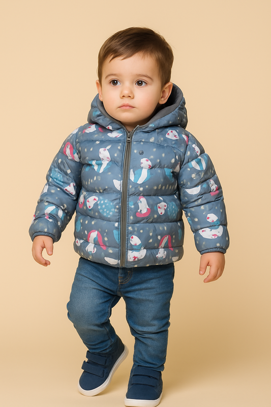 Whimsical Rainy Day Puffer Jacket – Soft Grey