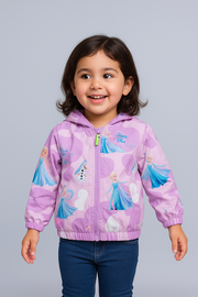 Cute purple Queen Elsa hooded jacket with hearts and Frozen prints for a magical, cozy look.