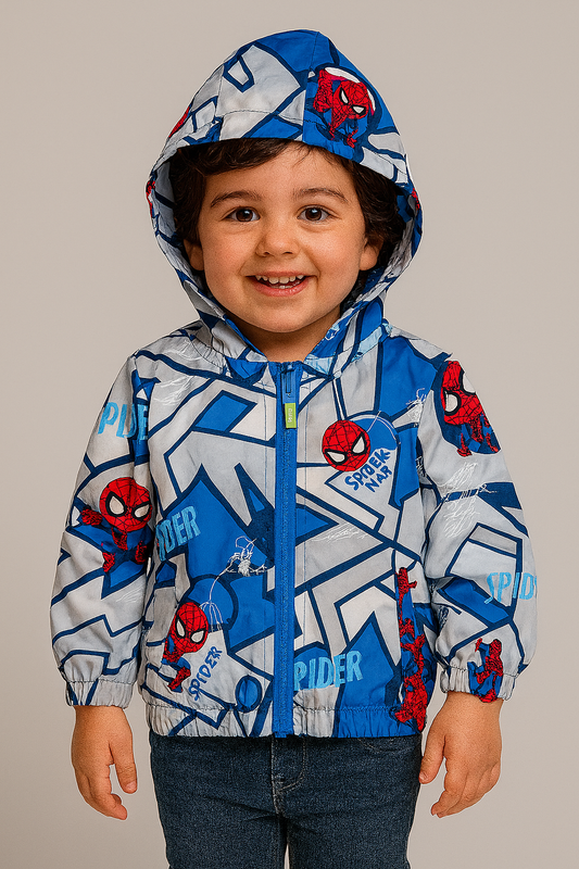 Vibrant Spider-Man kids jacket with hood, perfect for cozy superhero style.