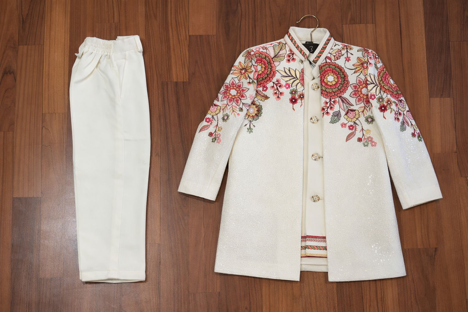 Boys Off-White Designer Embroidered Sherwani Set