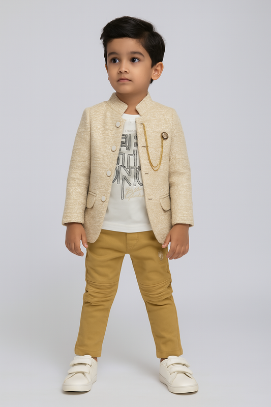 Classy blazer set with tan pants—perfect for your little prince’s special occasions!