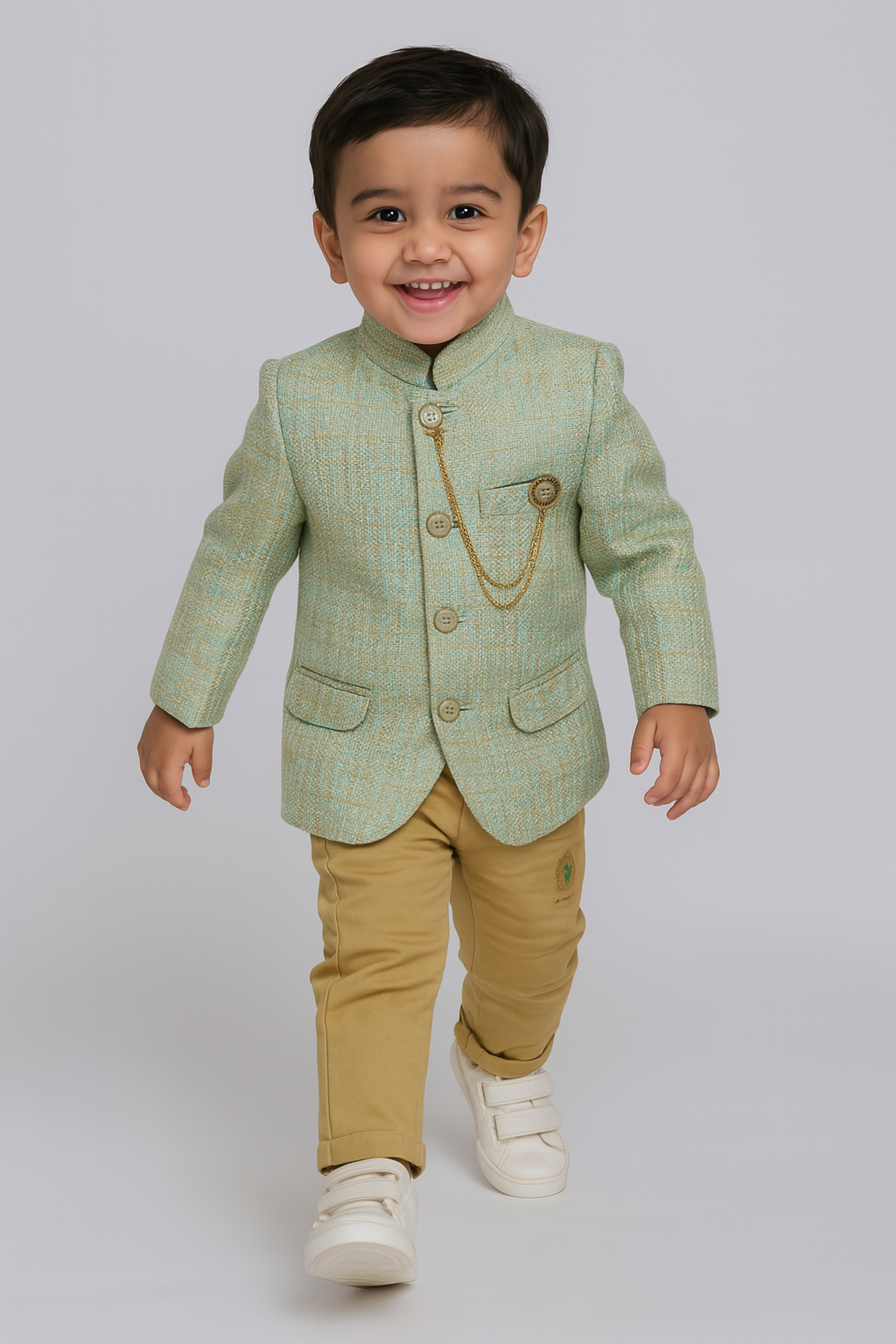 Classy blazer set with tan pants—perfect for your little prince’s special occasions!