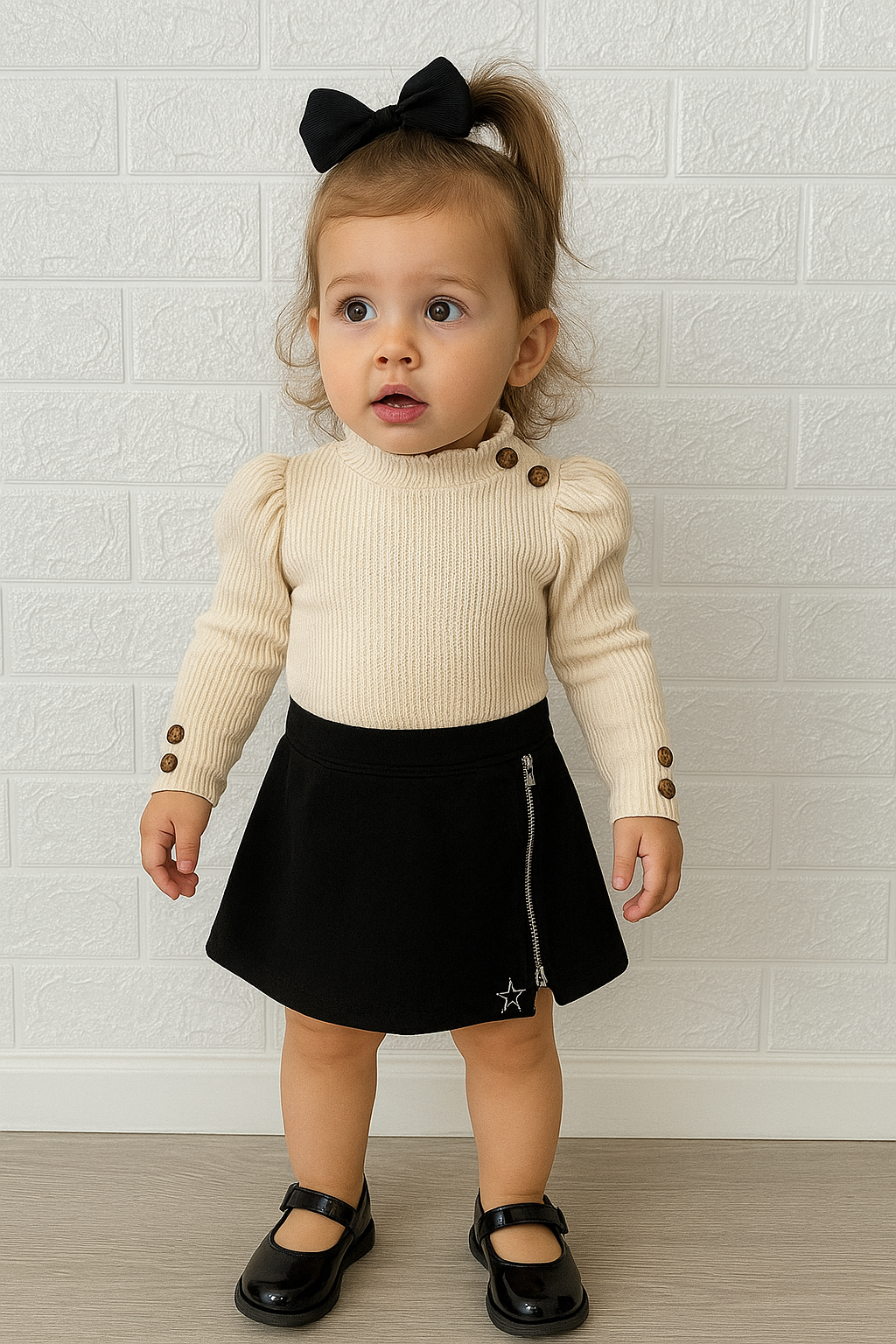 🌸 Stylish Pink Puff-Sleeve Top & Black Skirt Set 🌸