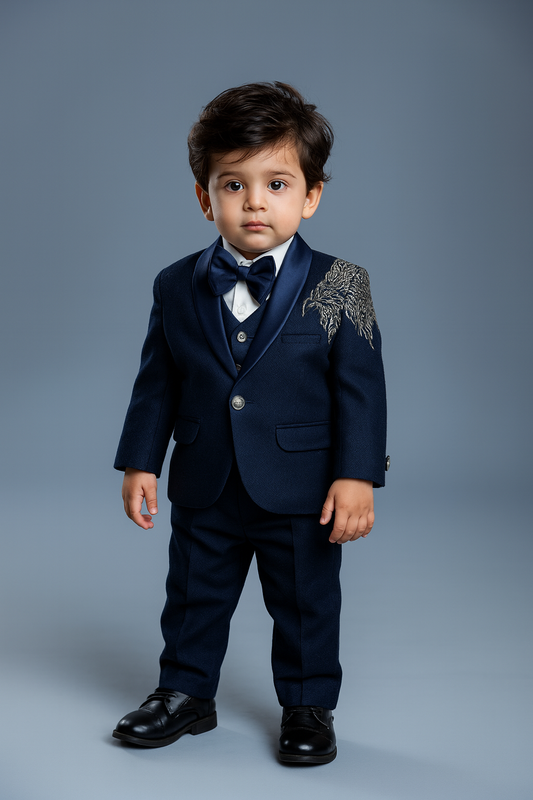Premium black tuxedo with elegant embroidery – perfect for your little gentleman’s grand occasions.