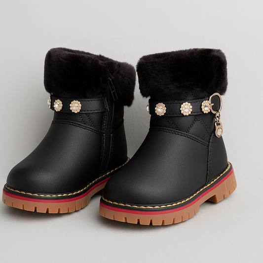 Cozy black winter boots with plush fur lining, pearl-studded strap, and golden.