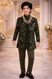 Kids Boys Designer Velvet Sherwani with Floral Embroidery & Free Mala – Festive Wear