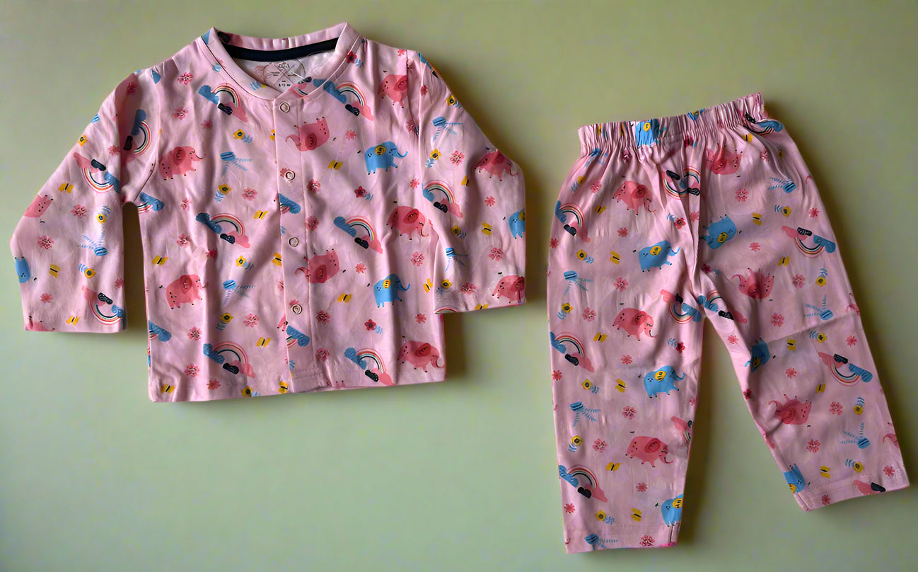 Elephant &amp; Rainbow Cotton Night Suit – Pink