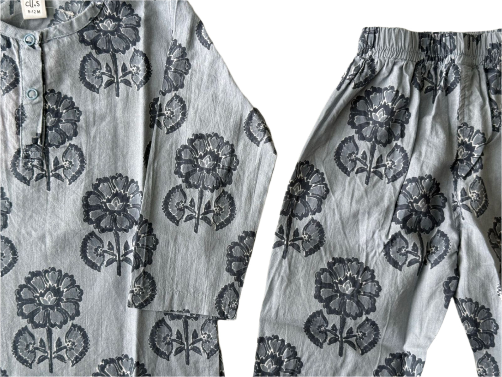 Floral Blue Kurta Pajama Set – Soft Cotton Comfort for Toddlers-zoom-3
