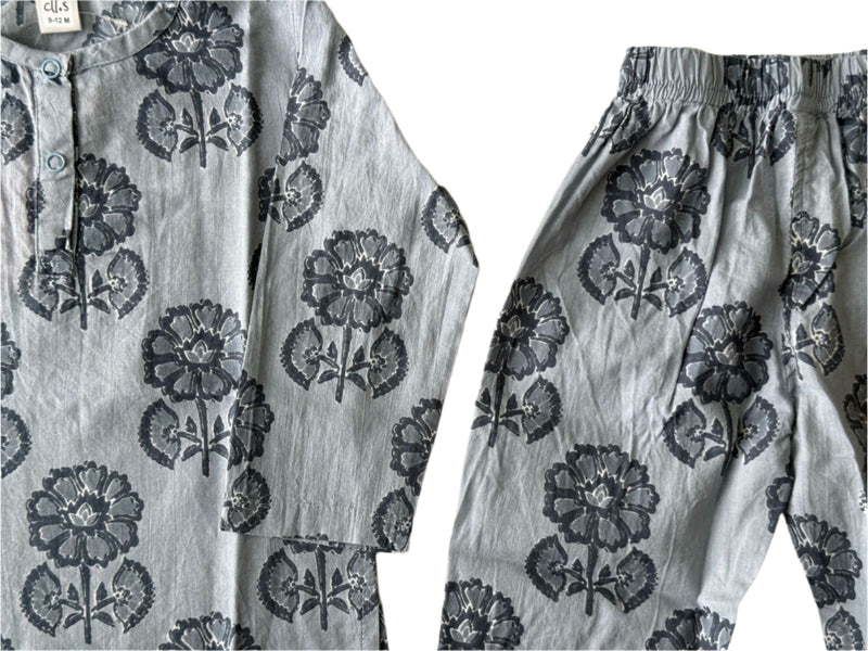Floral Blue Kurta Pajama Set – Soft Cotton Comfort for Toddlers-zoom-