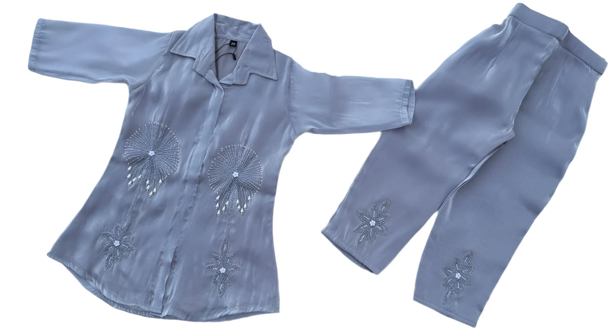 Elegant Satin Baby Set – Grey Embellished