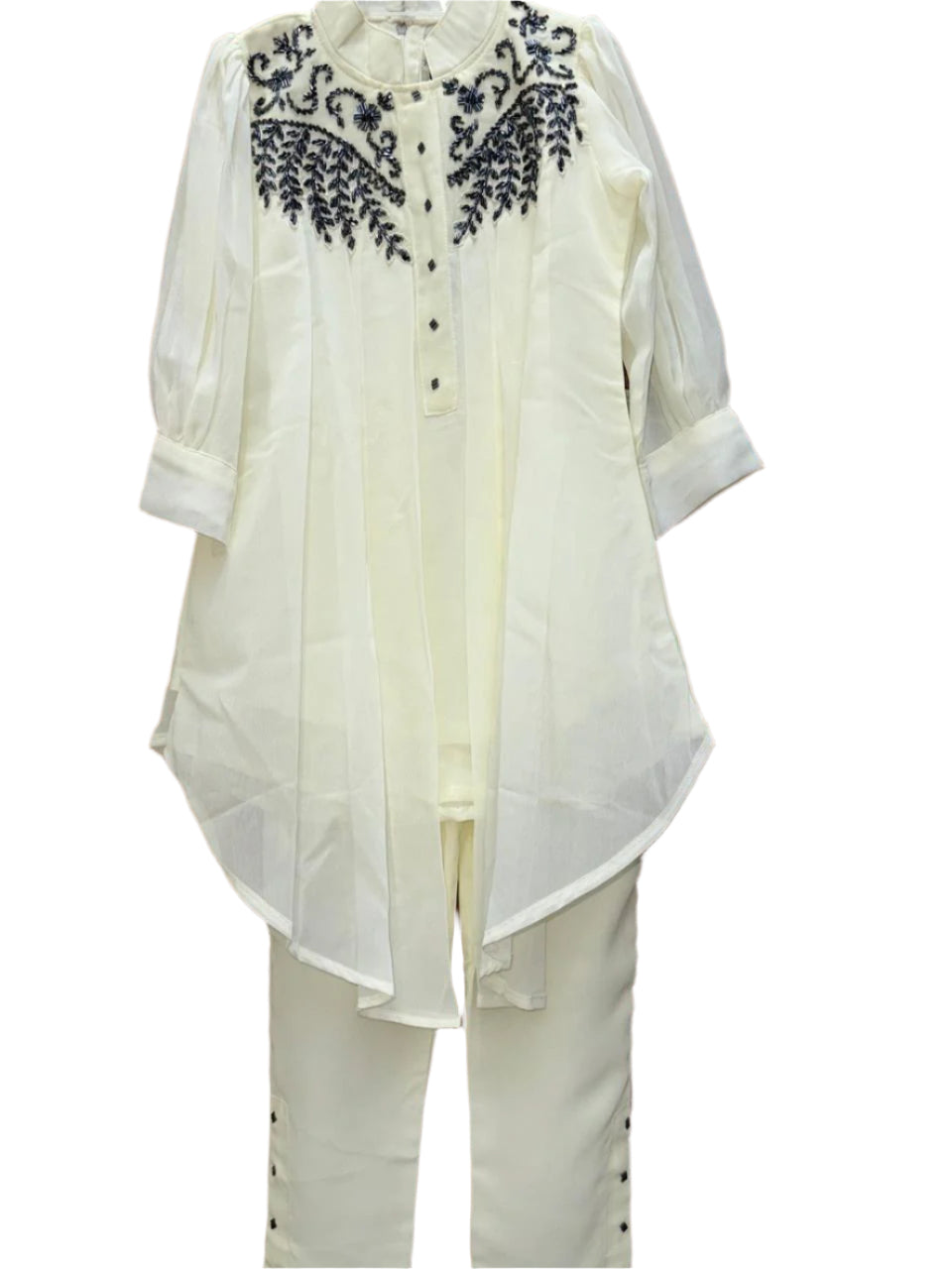 Stylish asymmetrical kurti and pant with hand-embroidered black thread and beadwork on the yoke