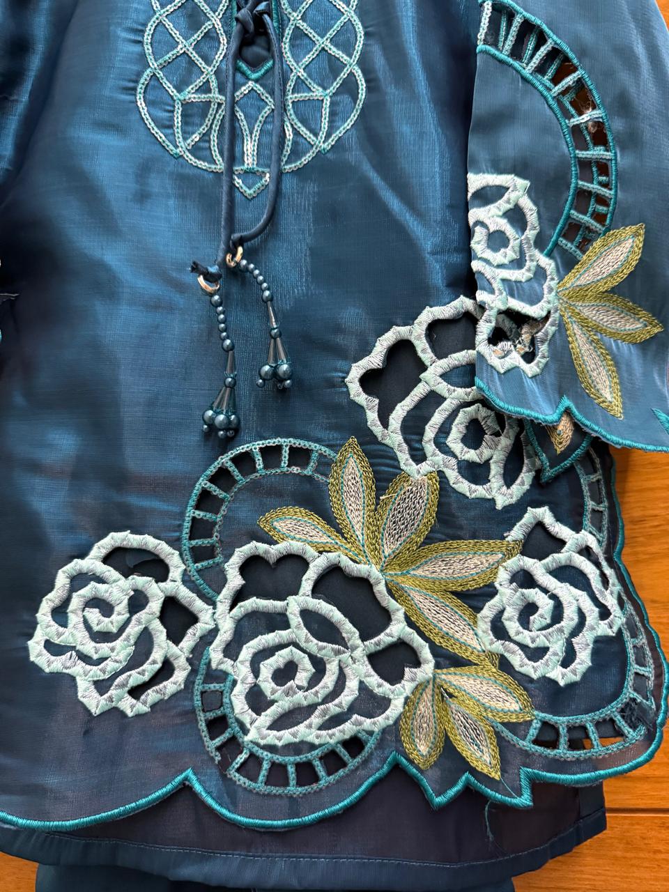 Elegant teal embroidered ethnic set perfect for festive occasions and celebrations.