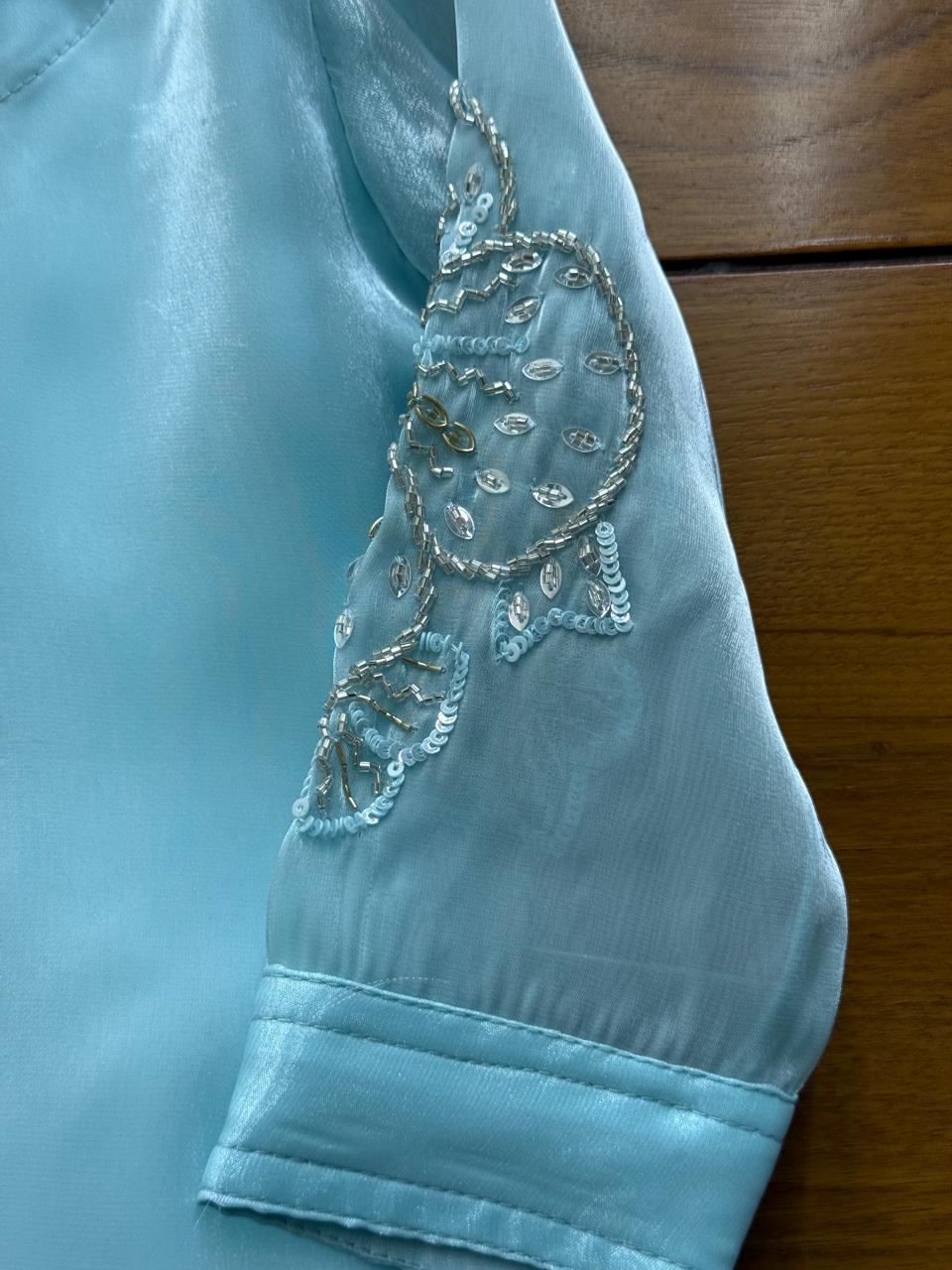 Chic sky blue ethnic set with floral embroidery — perfect for festive sparkle!