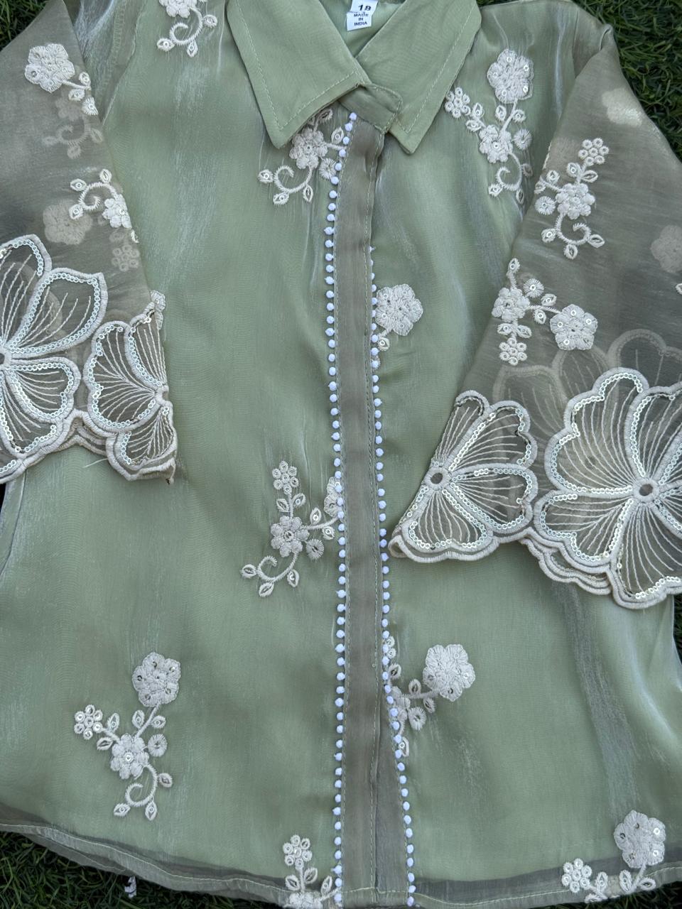 Elegant sage green embroidered set with pearl accents and lace-detailed pants and dupatta.