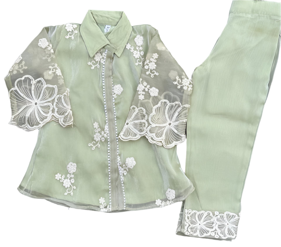 Elegant sage green embroidered set with pearl accents and lace-detailed pants and dupatta.
