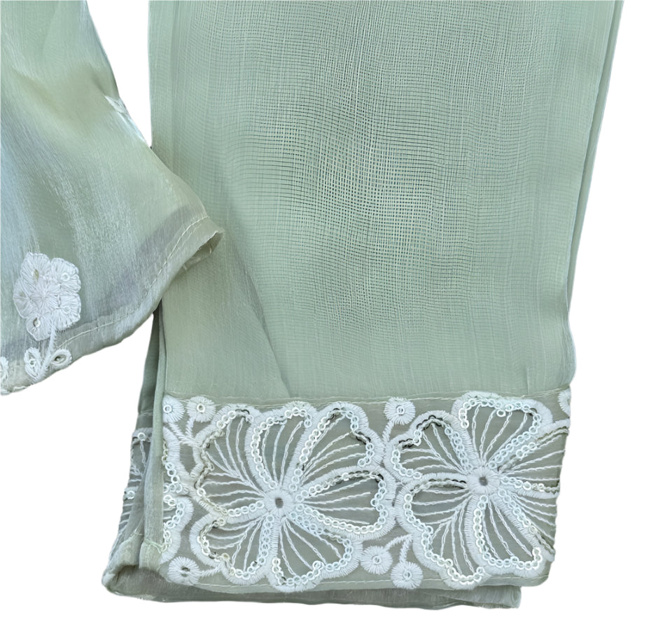 Elegant sage green embroidered set with pearl accents and lace-detailed pants and dupatta.