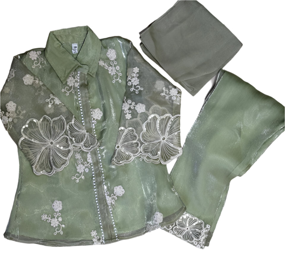 Elegant sage green embroidered set with pearl accents and lace-detailed pants and dupatta.