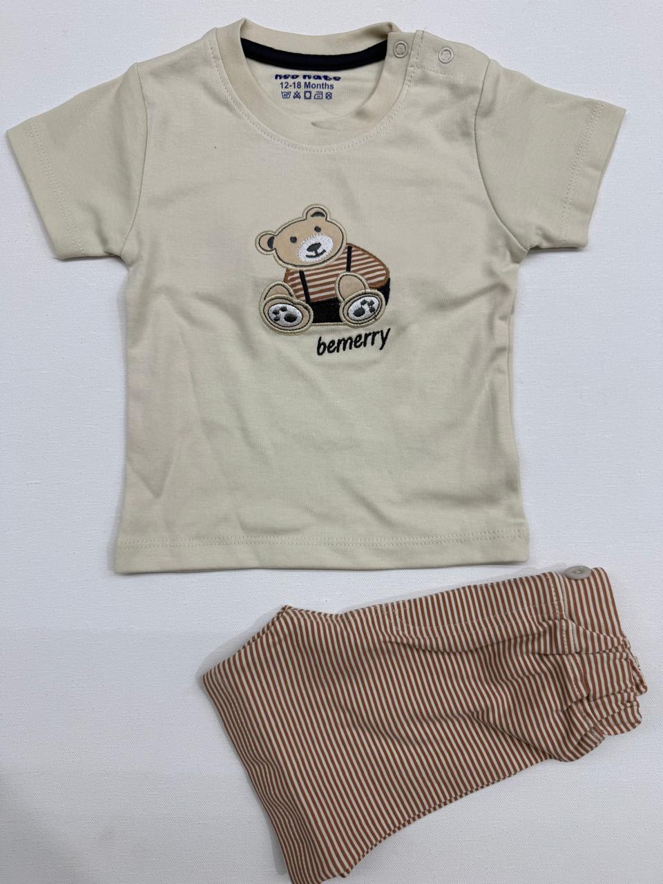 Adorable bear tee and striped shorts set for playful, comfy days.
