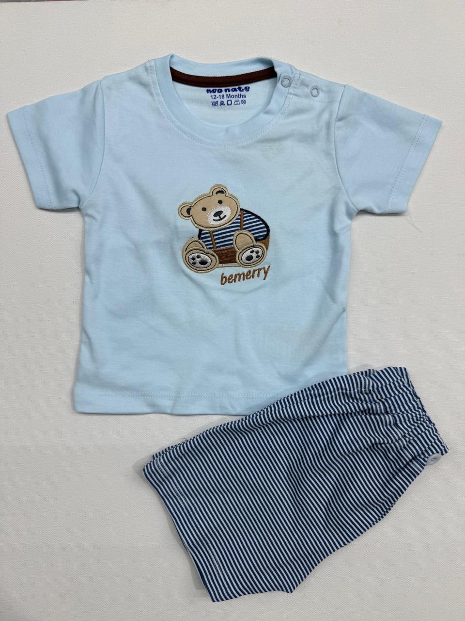 Adorable bear tee and striped shorts set for playful, comfy days.