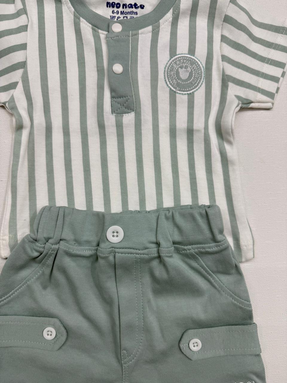 Soft green striped set with cute bear badge