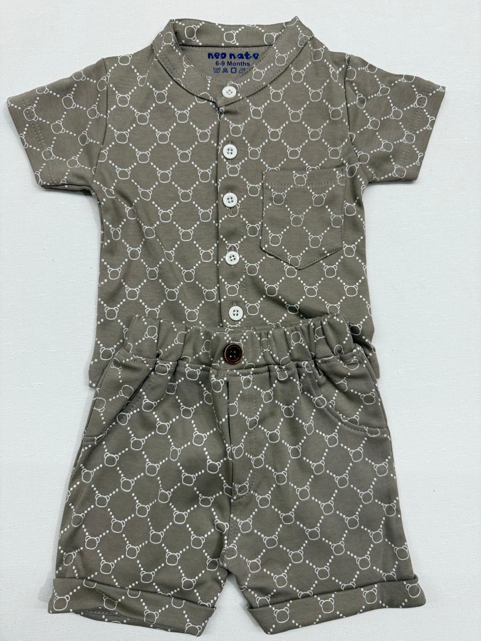 Stylish white printed co-ord set with buttoned shirt and comfy shorts for baby boys.
