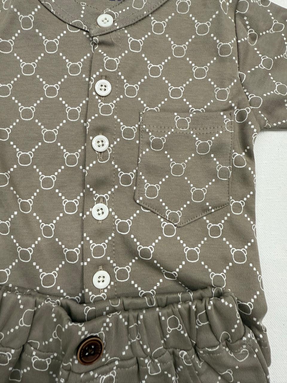 Stylish white printed co-ord set with buttoned shirt and comfy shorts for baby boys.