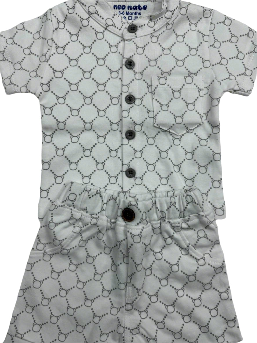 Stylish white printed co-ord set with buttoned shirt and comfy shorts for baby boys.
