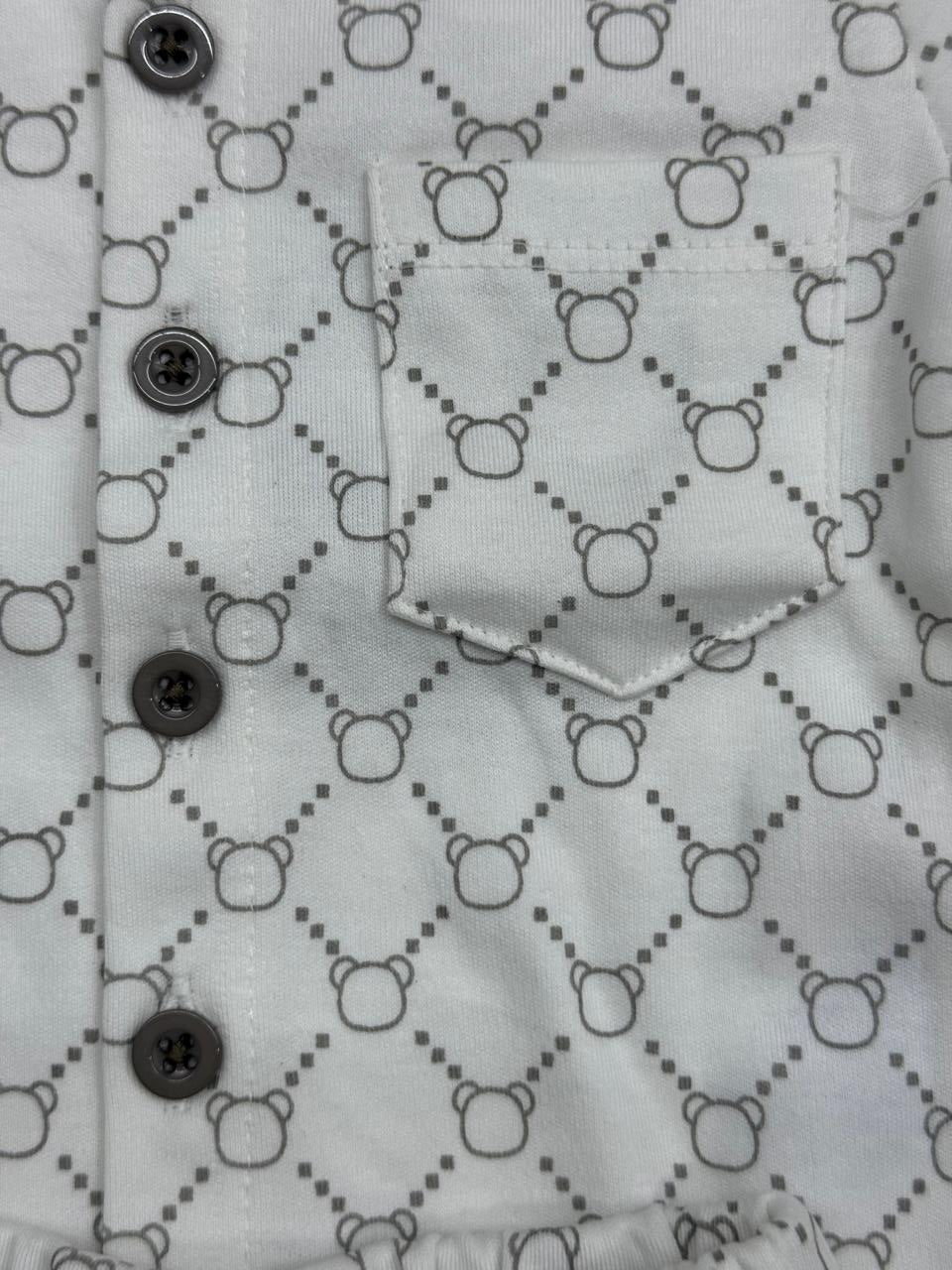 Stylish white printed co-ord set with buttoned shirt and comfy shorts for baby boys.