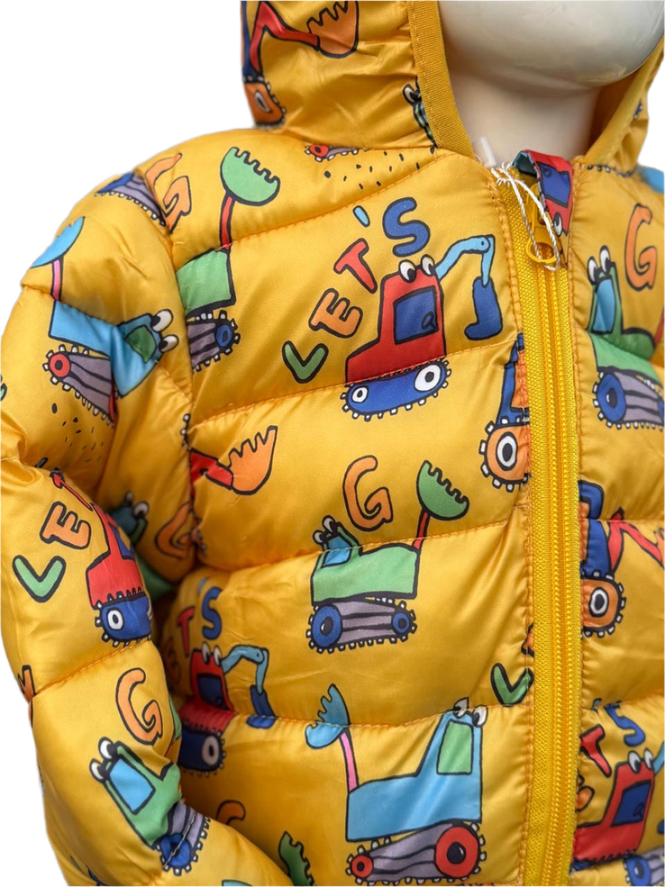 Bright Yellow Cartoon-Print Puffer Jacket with Hoodie