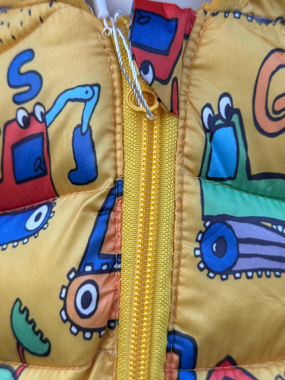 Bright Yellow Cartoon-Print Puffer Jacket with Hoodie