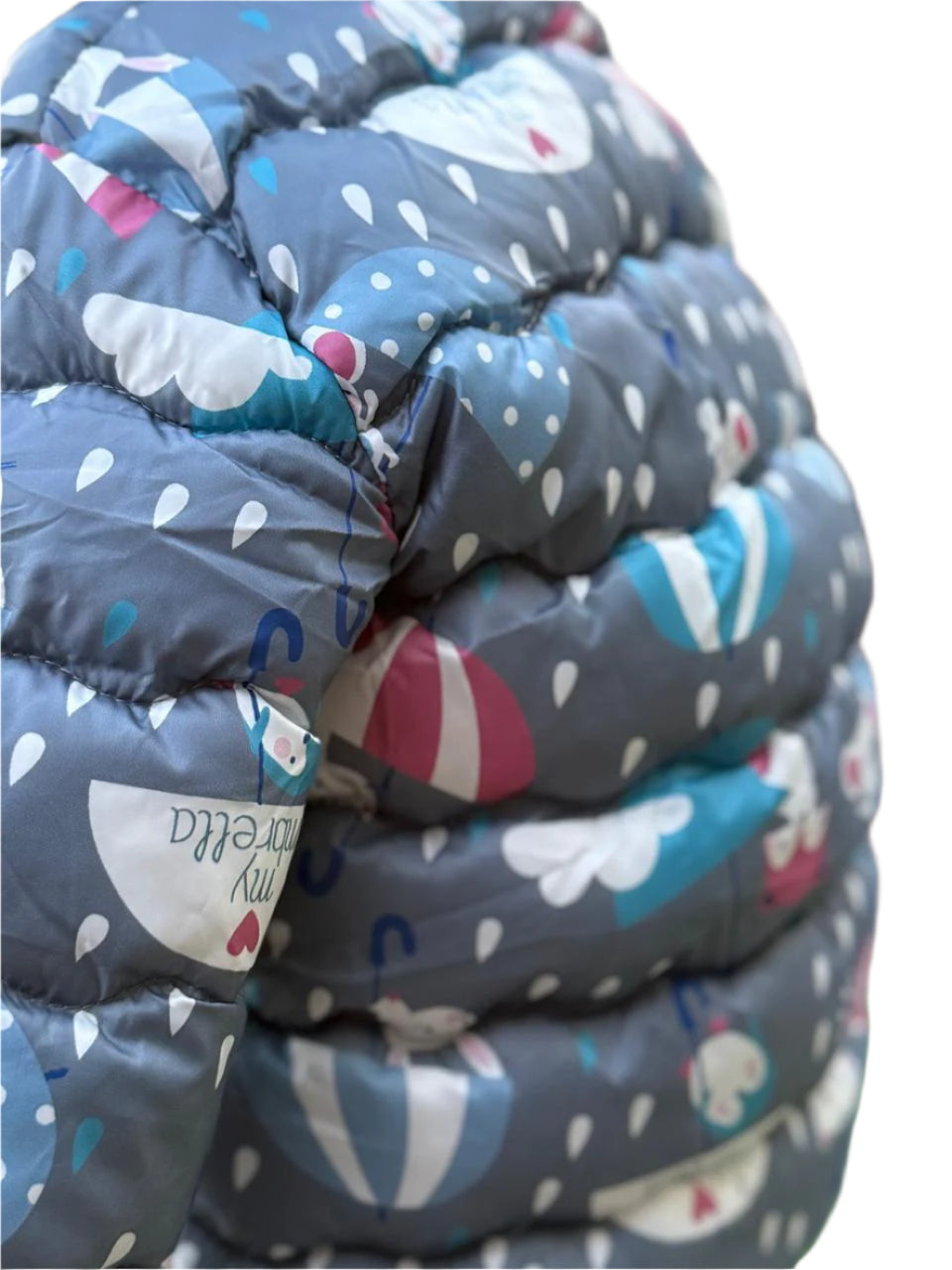 Whimsical Rainy Day Puffer Jacket – Soft Grey