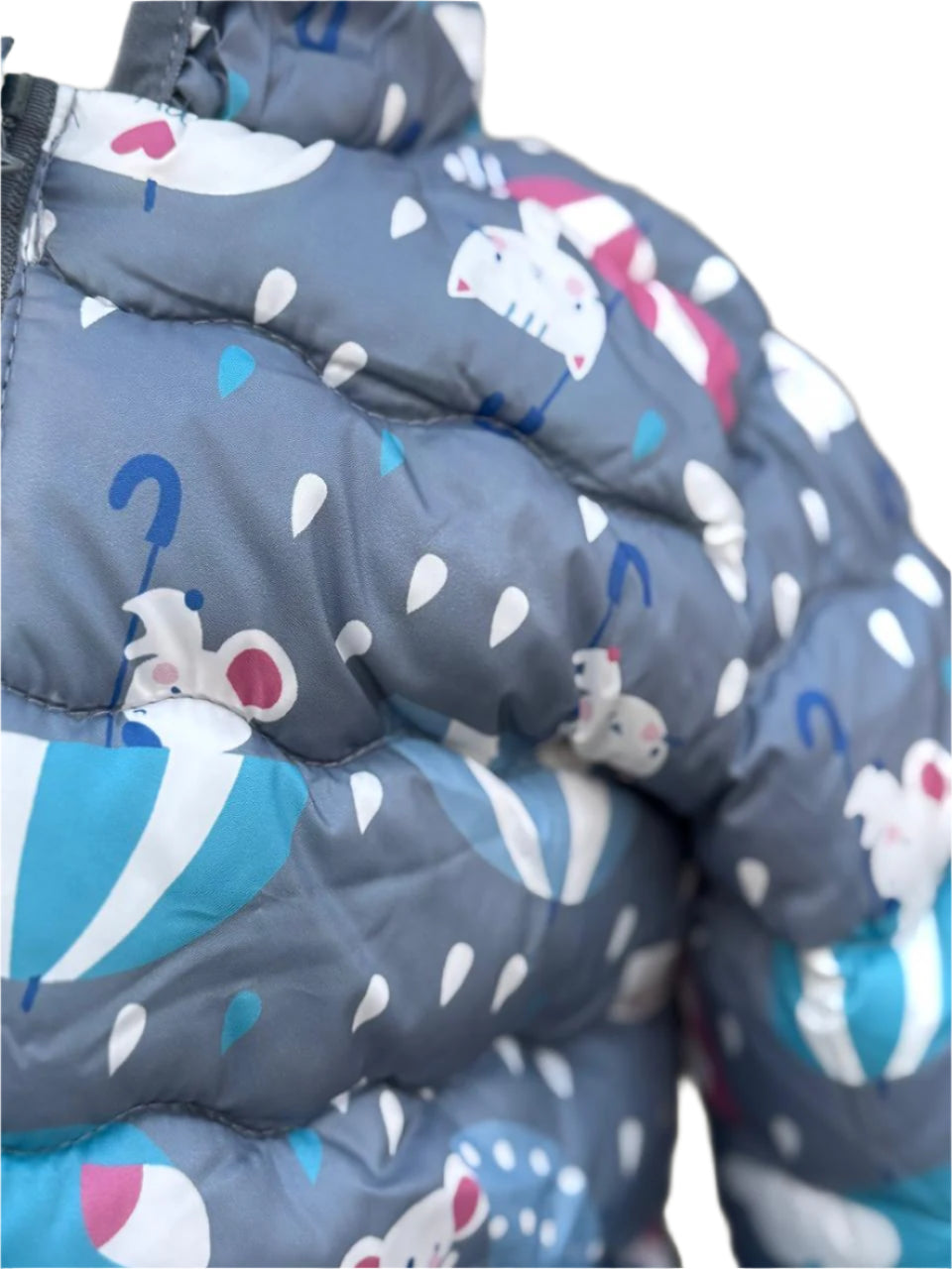 Whimsical Rainy Day Puffer Jacket – Soft Grey