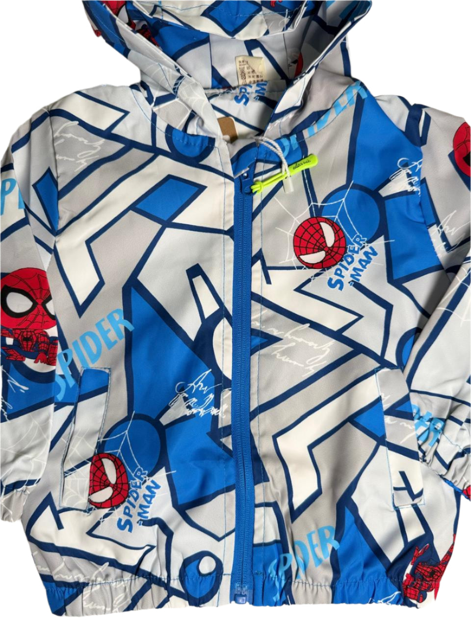 Vibrant Spider-Man kids jacket with hood, perfect for cozy superhero style.