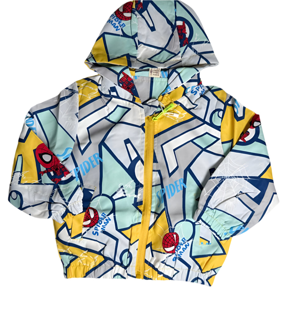 Vibrant Spider-Man kids jacket with hood, perfect for cozy superhero style.