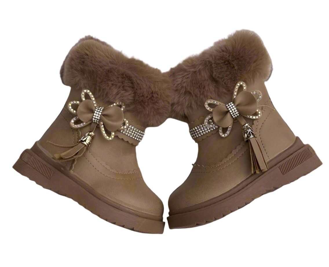 Elegant fur-lined winter boots with sparkling floral accents for cozy, stylish steps.